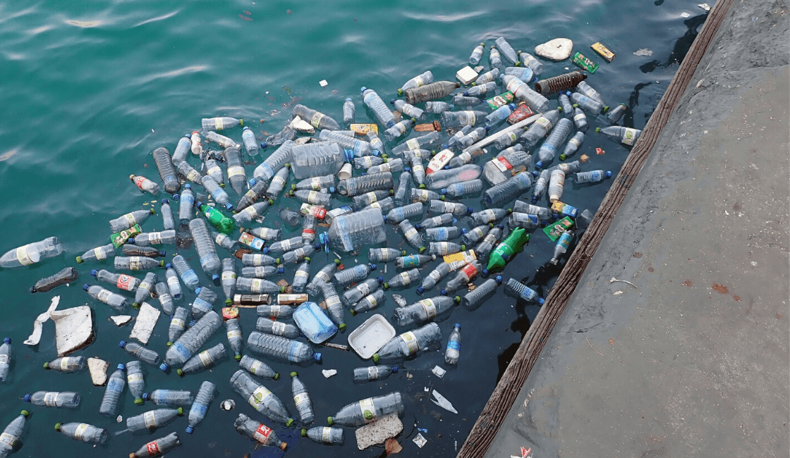 playa contaminada con botellas de plastico